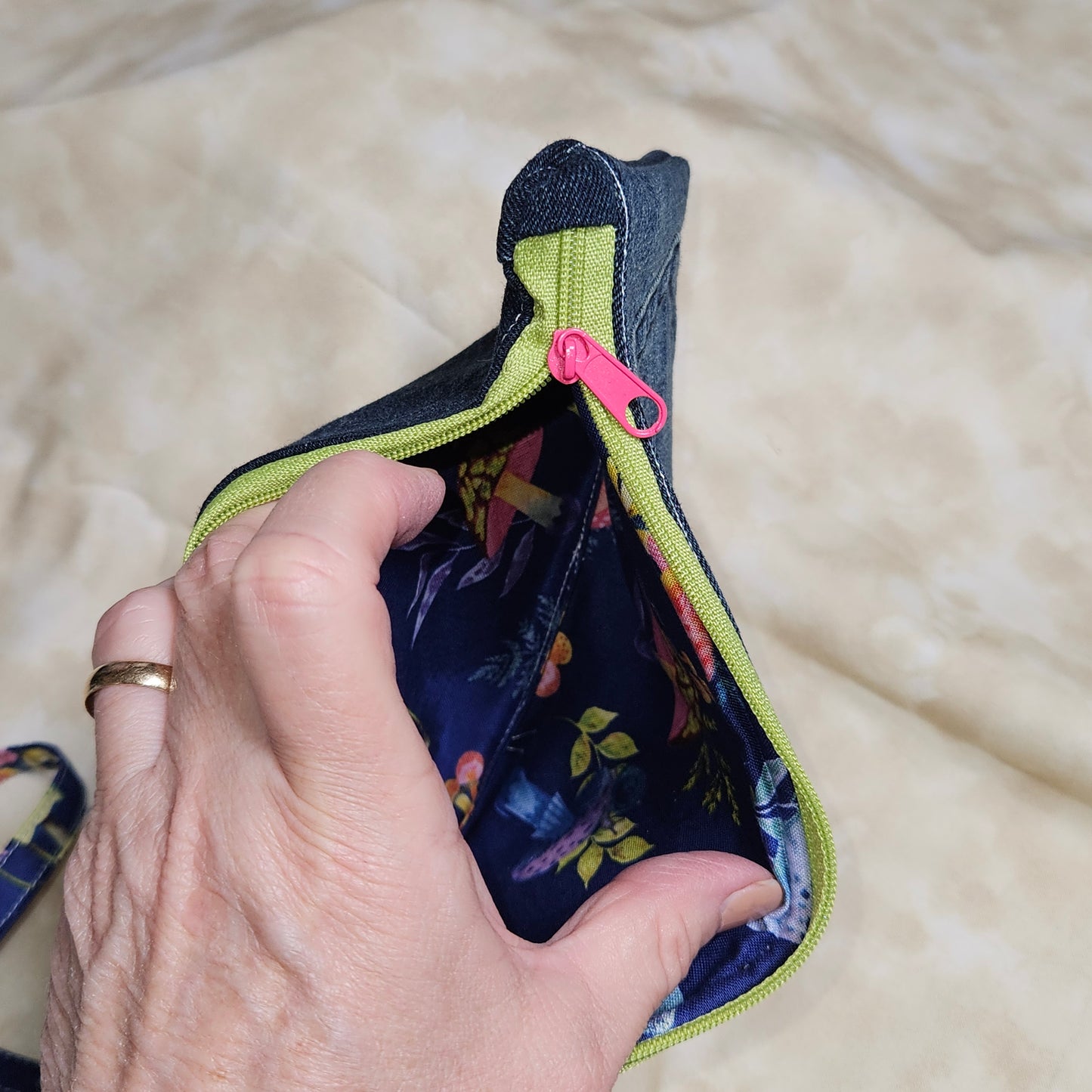 Upcycled Denim Wristlet Bag — Botanical Floral Lining