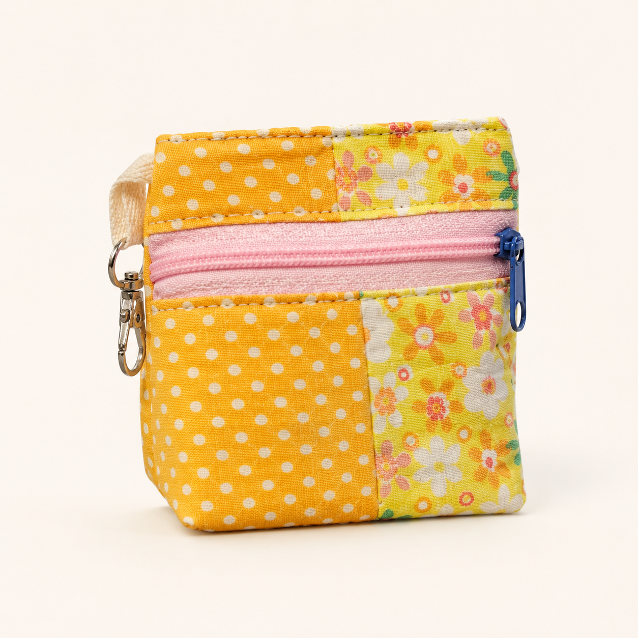 Handmade Standing Zipper Pouch – Yellow Polka Dot & Yellow Floral / Pink Zipper