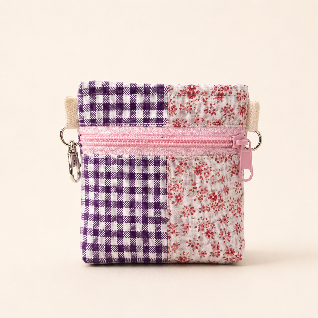 Handmade Standing Zipper Pouch – Purple Gingham & Pink Ditsy Floral / Pink Zipper