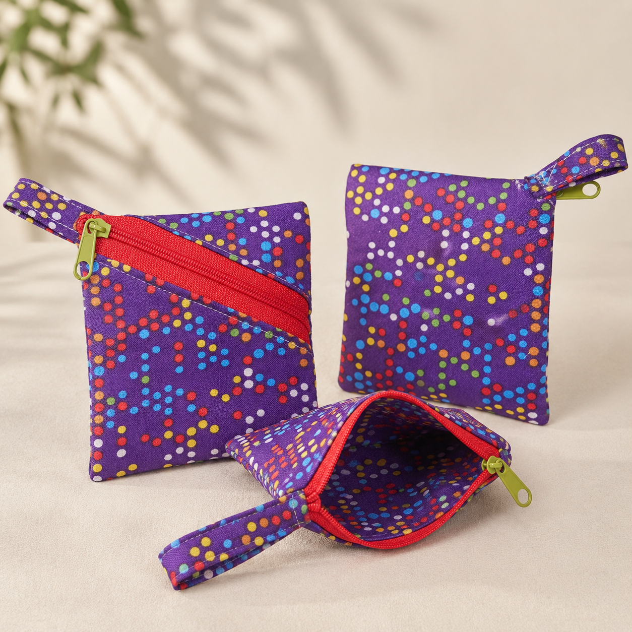 Handmade Diagonal Zip Pouch – Purple Rainbow Confetti Dot / Red Zipper / Green Pull