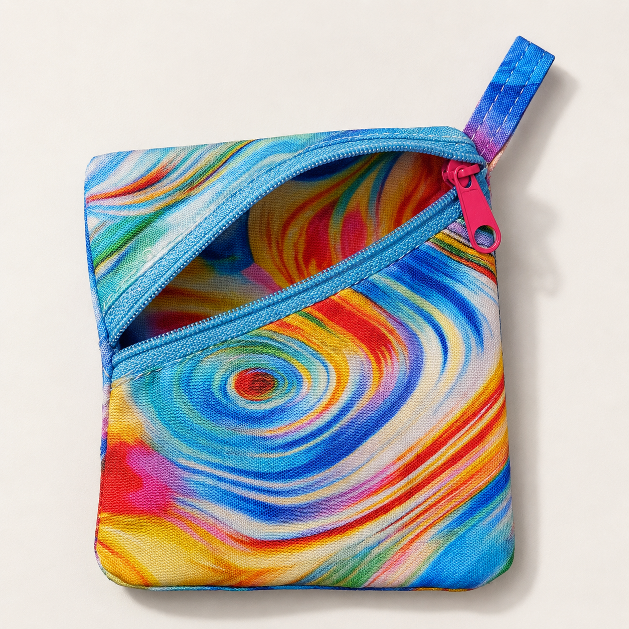 Handmade Diagonal Zip Pouch – Rainbow Swirl / Blue Zipper / Pink Pull