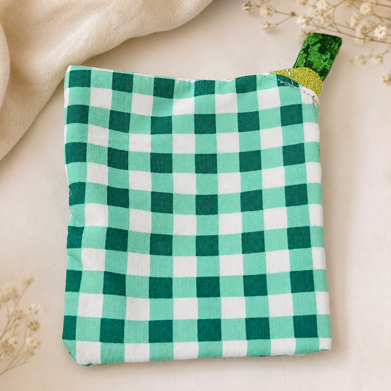 Handmade Diagonal Zip Pouch – Teal Gingham / Chartreuse Zipper / Navy Pull