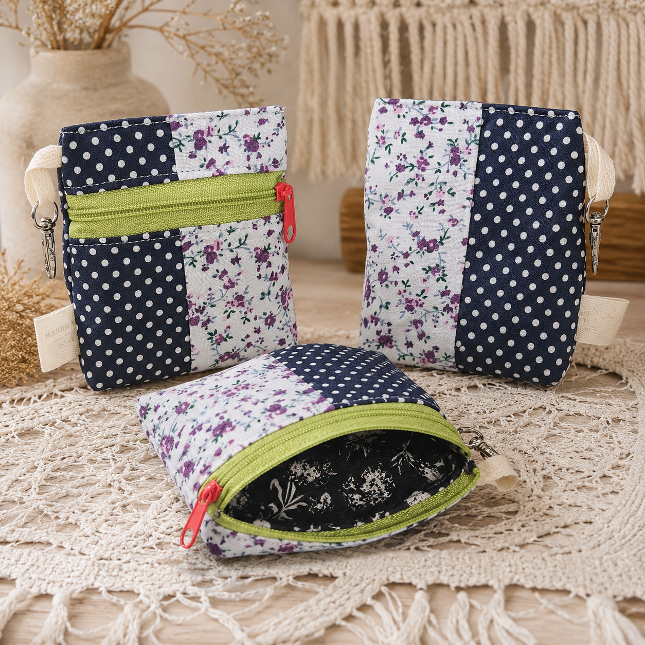 Navy Polka Dot & Purple Floral Patchwork Standing Zipper Pouch