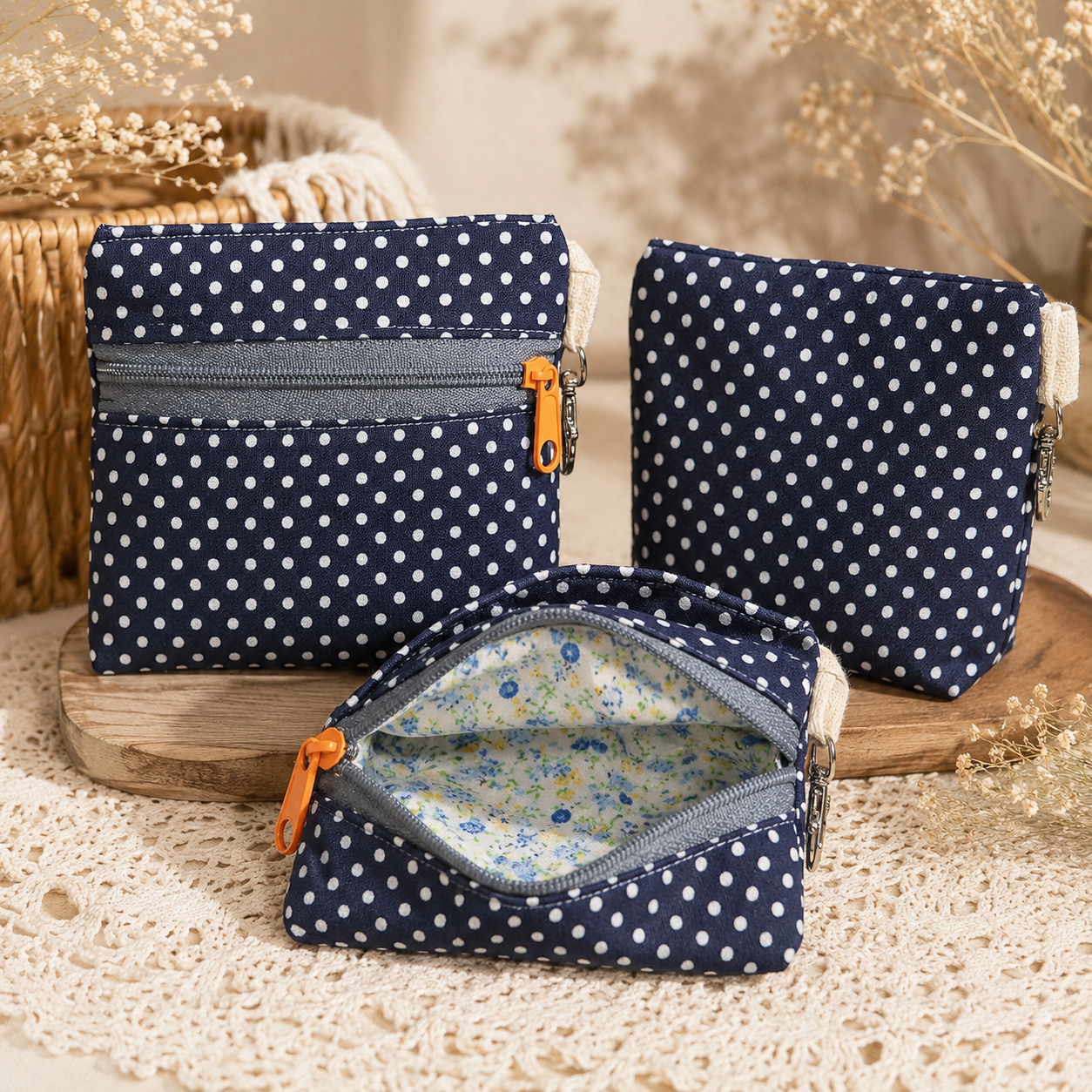 Navy Polka Dot Standing Zipper Pouch with Floral Lining
