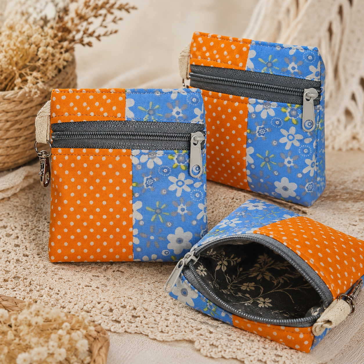 Orange Polka Dot & Blue Floral Patchwork Standing Zipper Pouch