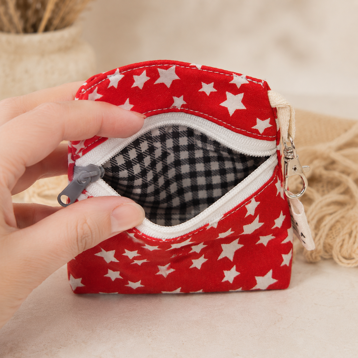 Red Star Standing Zipper Pouch with Gingham Lining