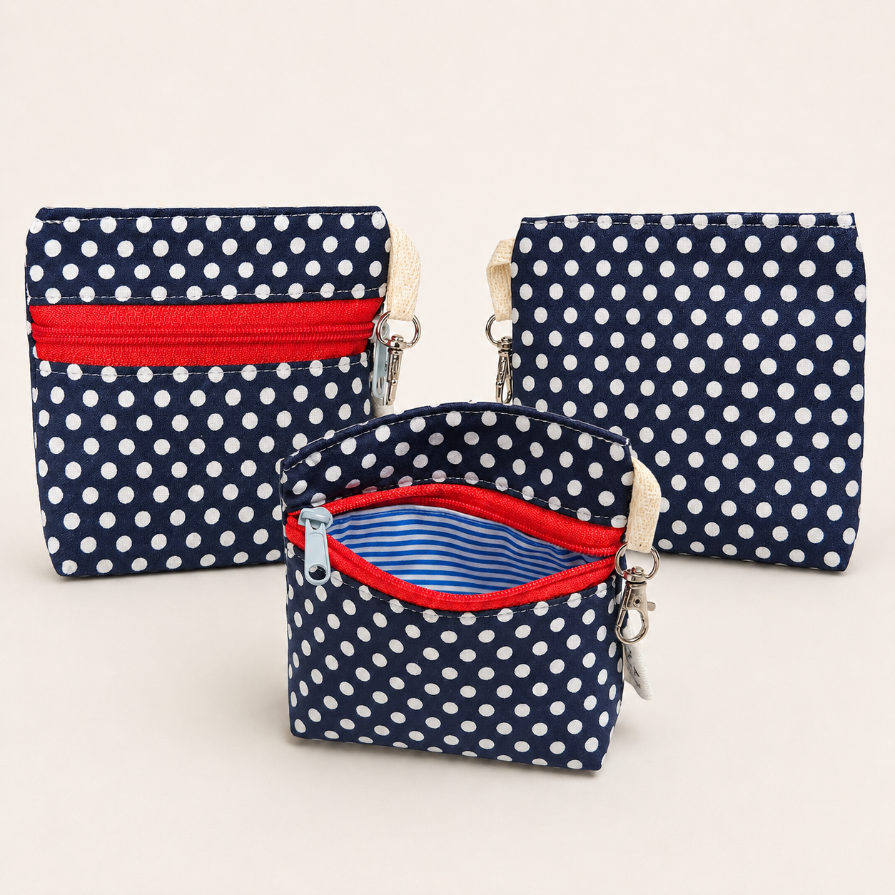 Navy Polka Dot Standing Zipper Pouch with Blue Stripe Lining