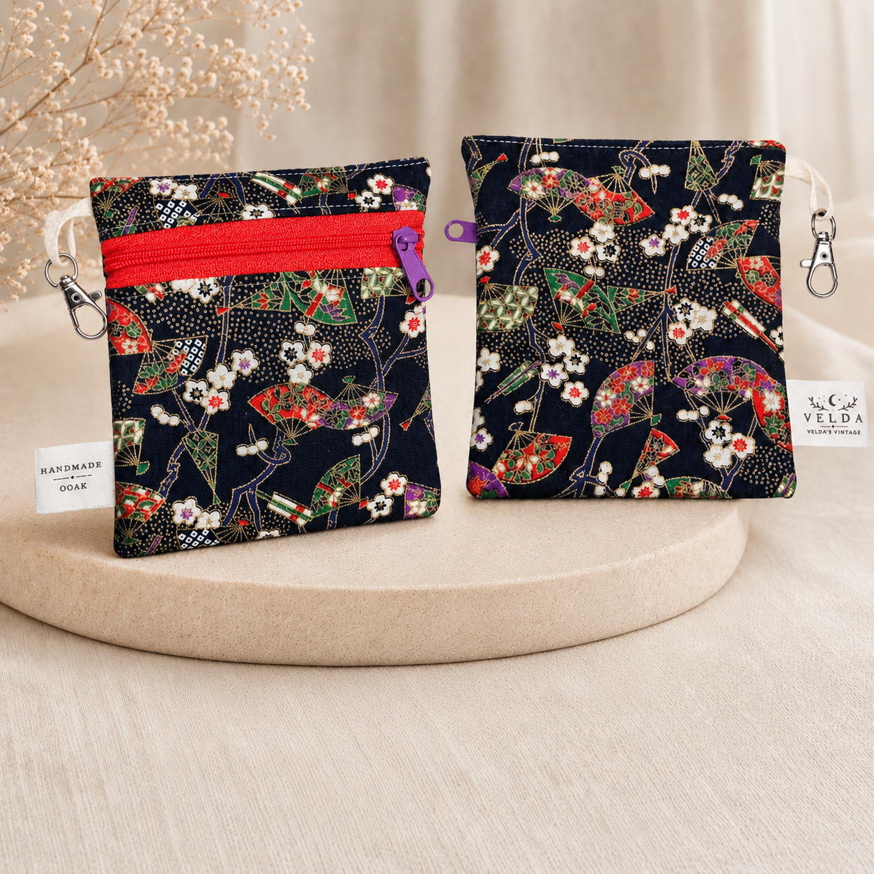 Handmade Flat Zipper Pouch – Japanese Fan Print / Red Zipper / Purple Pull