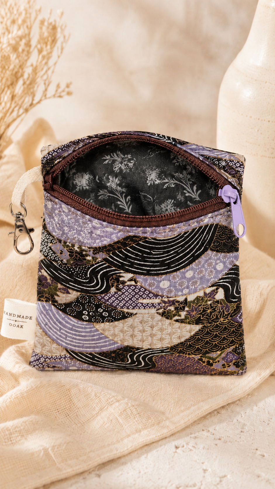 Handmade Flat Zipper Pouch – Japanese Wave & Fan Brocade / Brown Zipper / Lavender Pull