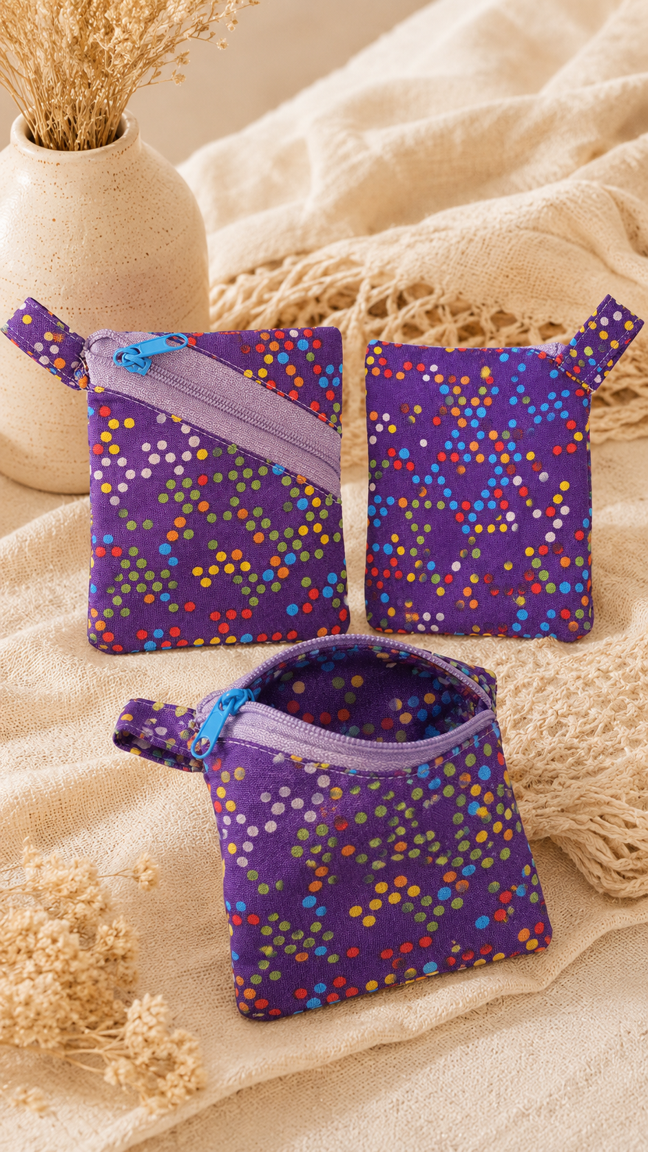 Handmade Diagonal Zip Pouch – Purple Confetti Dot / Lavender Zipper / Blue Pull