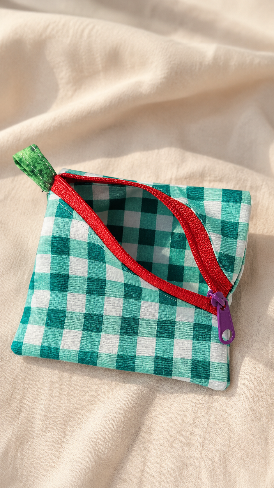 Handmade Diagonal Zip Pouch – Teal Gingham / Red Zipper / Purple Pull