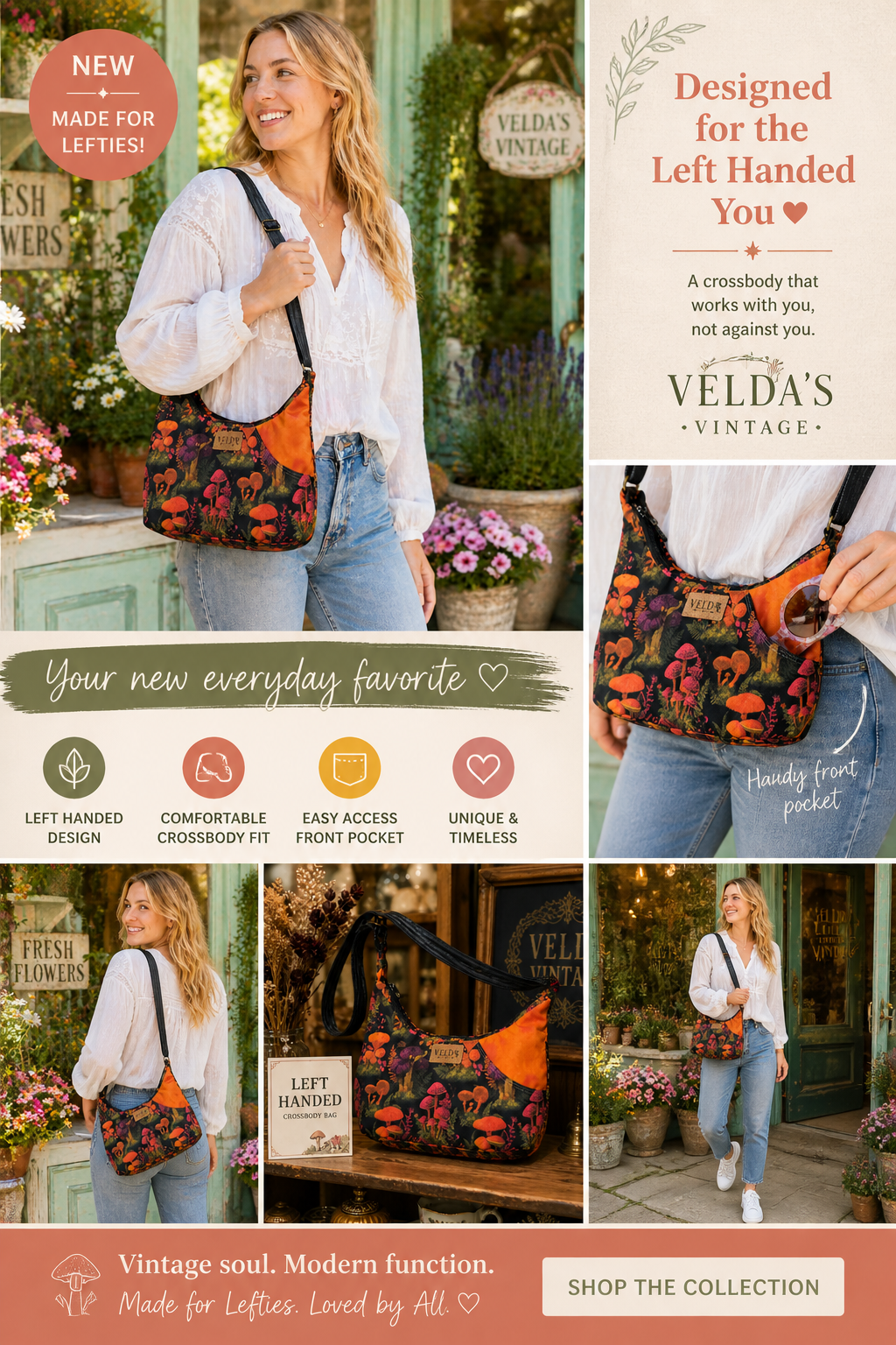 Velda Left-Handed Crossbody Bag | OOAK Boho Cotton | Easy-Access Pocket