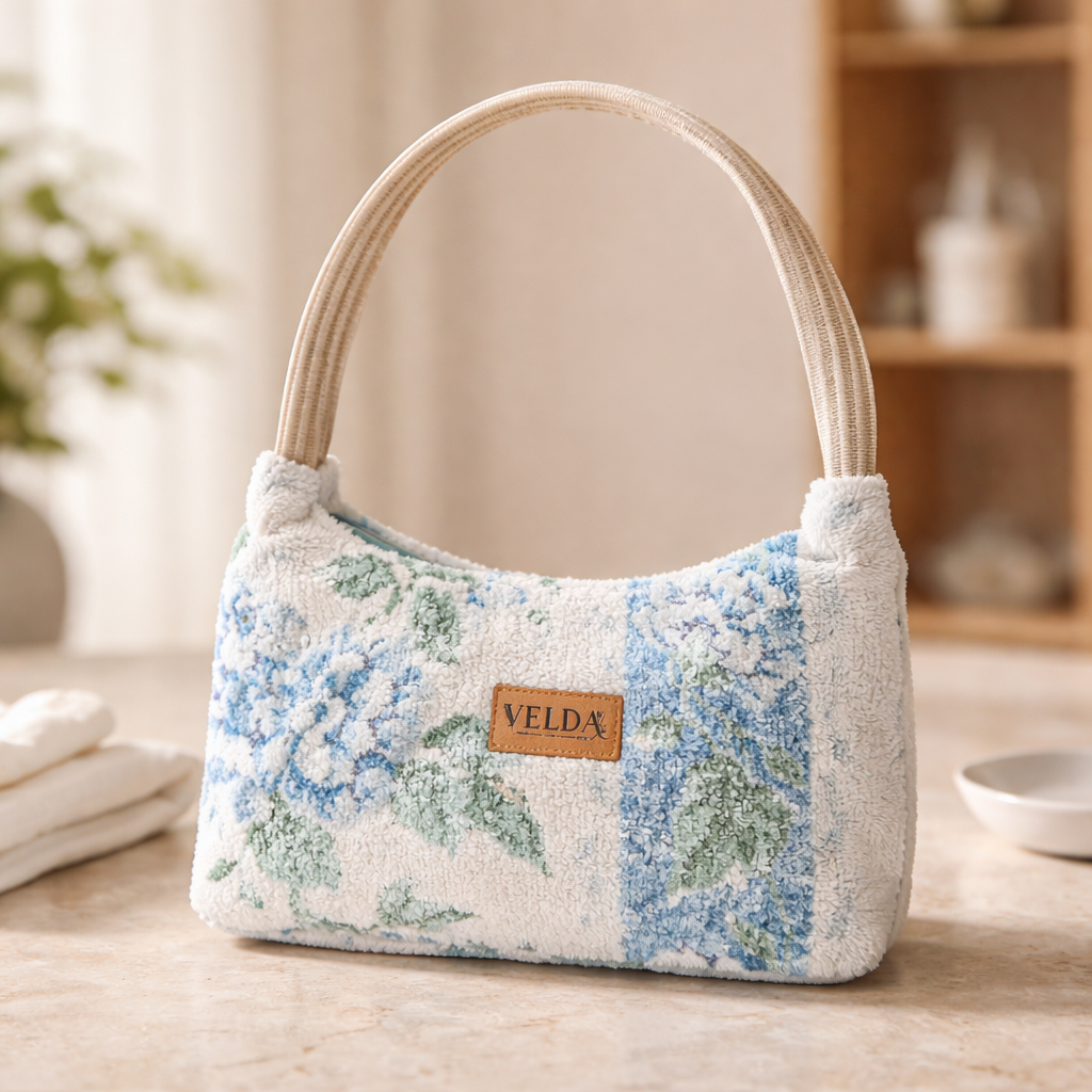 Velda Vintage Hydrangea Towel Bag – Handmade Boho Shoulder Bag | OOAK Upcycled Terry Cloth Purse
