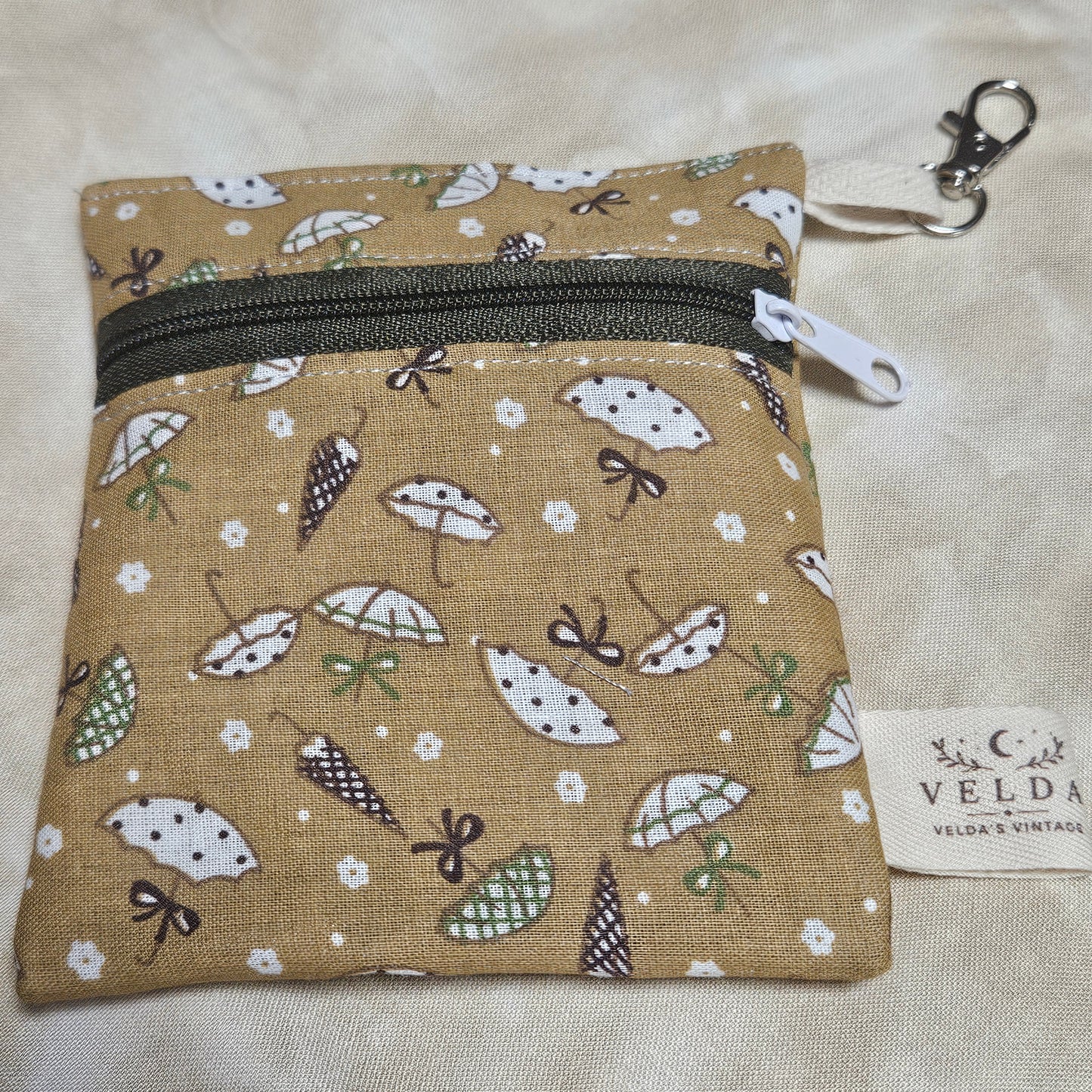Handmade Flat Zipper Pouch – White Tiny Gold Flowers / Blue-Grey Zipper