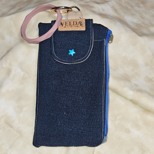 Upcycled Denim Wristlet Bag — Rainbow Lining