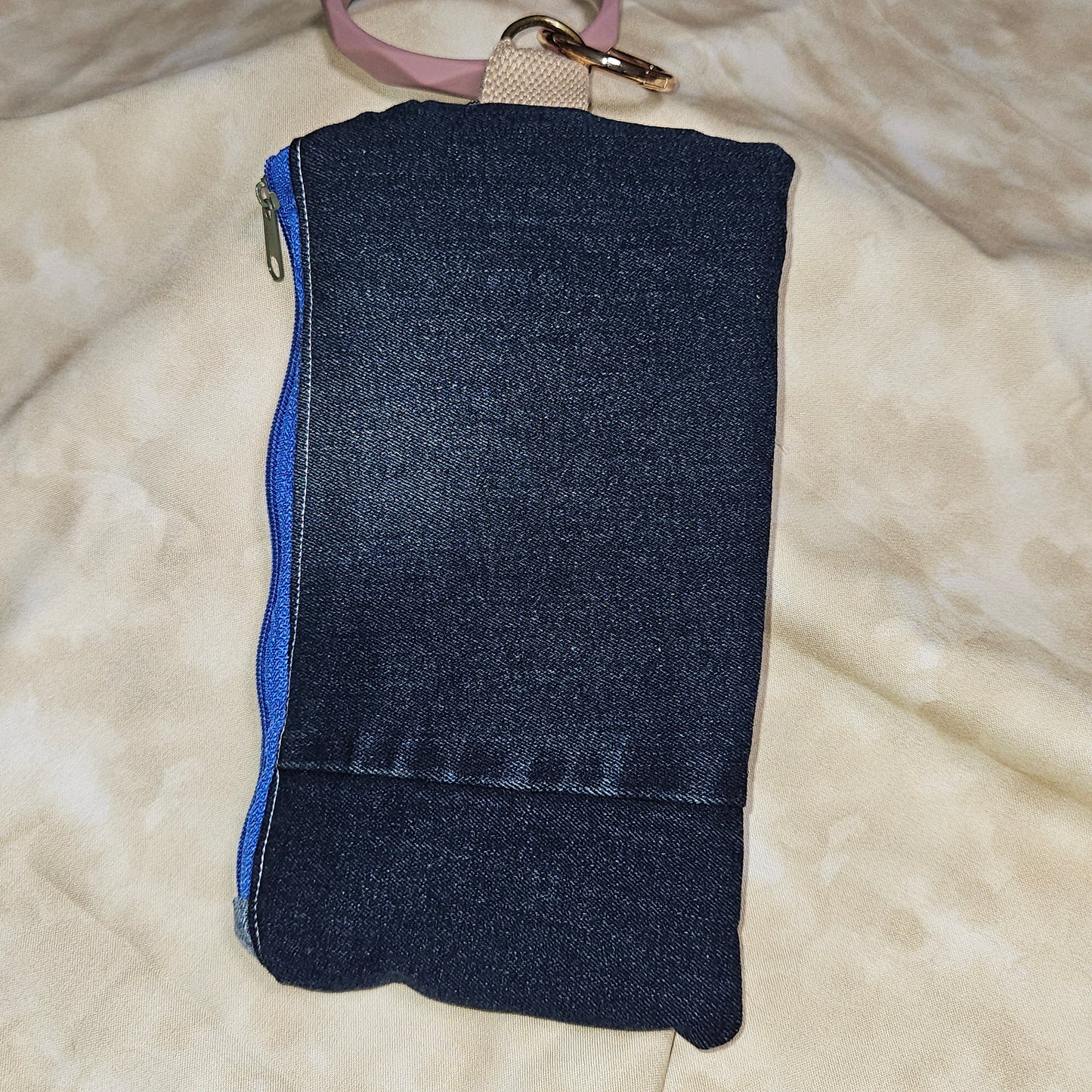 Upcycled Denim Wristlet Bag — Rainbow Lining