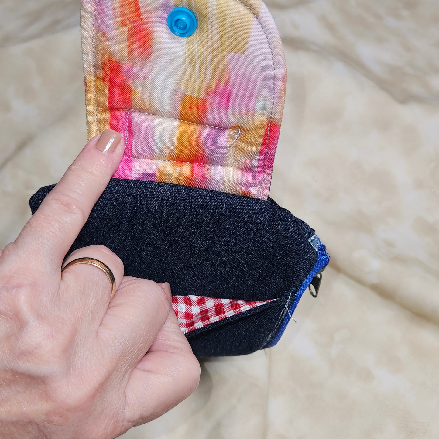 Upcycled Denim Wristlet Bag — Rainbow Lining