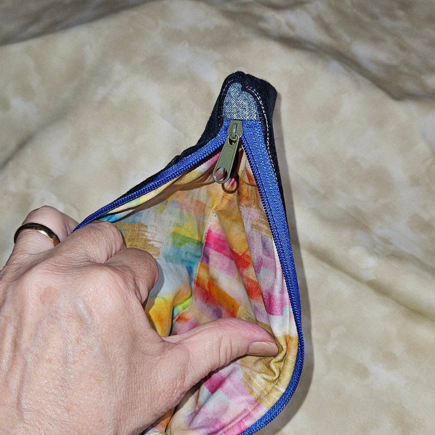 Upcycled Denim Wristlet Bag — Rainbow Lining