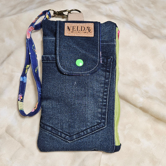 Upcycled Denim Wristlet Bag — Botanical Floral Lining