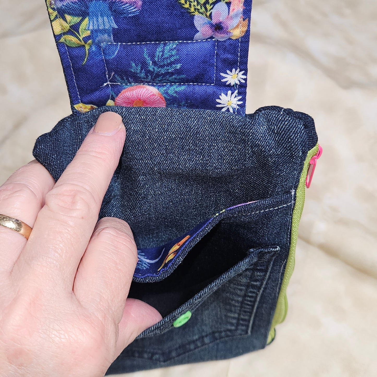 Upcycled Denim Wristlet Bag — Botanical Floral Lining