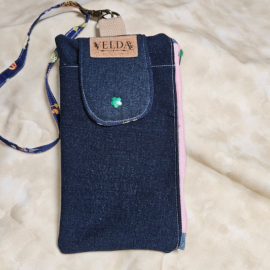 Upcycled Denim Wristlet Bag — Navy Bird & Botanical Lining