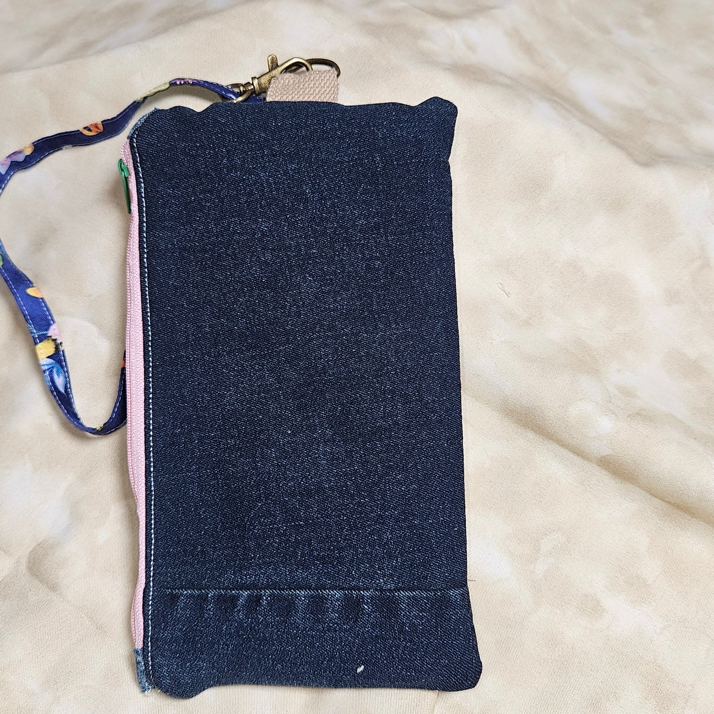 Upcycled Denim Wristlet Bag — Navy Bird & Botanical Lining
