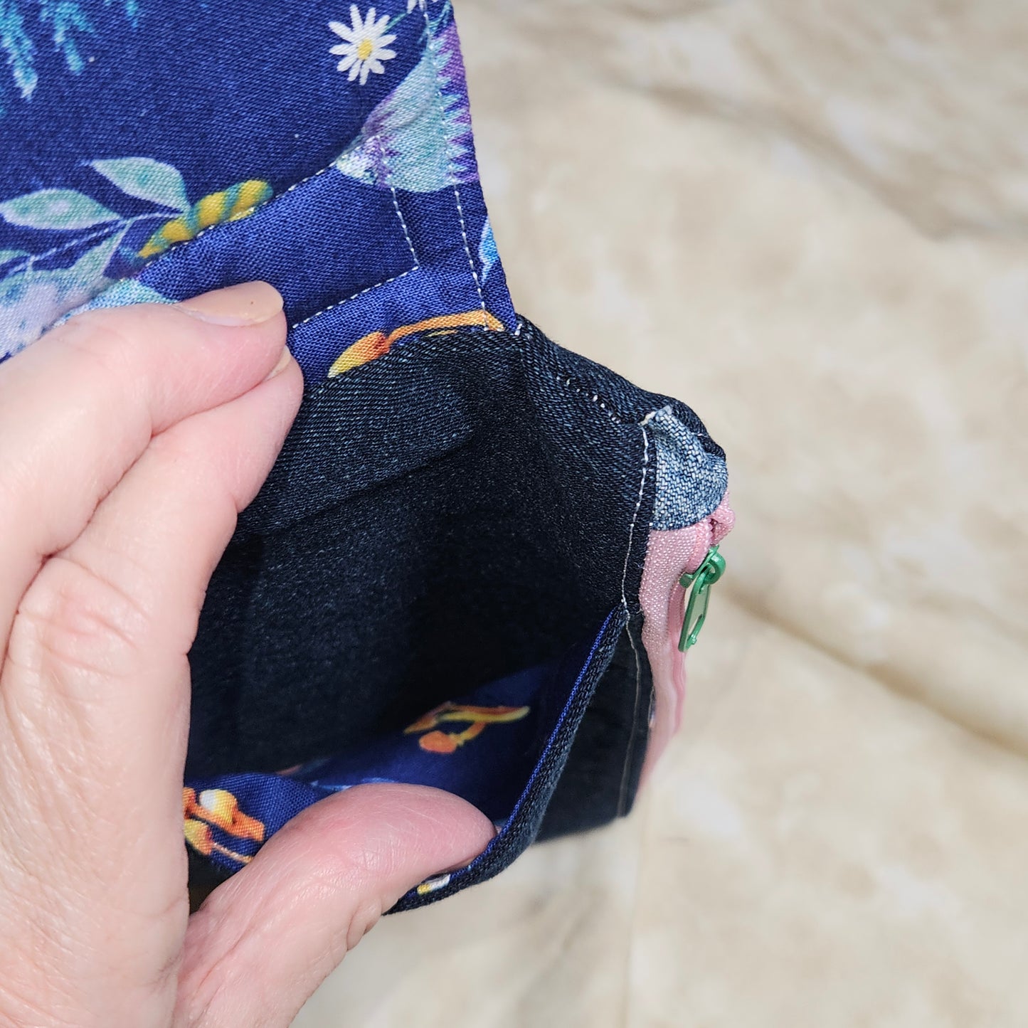 Upcycled Denim Wristlet Bag — Navy Bird & Botanical Lining