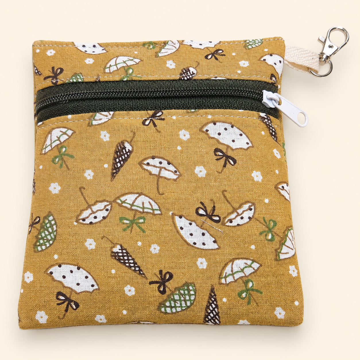 Handmade Flat Zipper Pouch – Light Brown Floral / Sage Zipper / White Pull