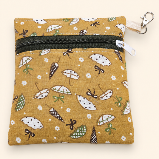 Handmade Flat Zipper Pouch – Light Brown Floral / Sage Zipper / White Pull