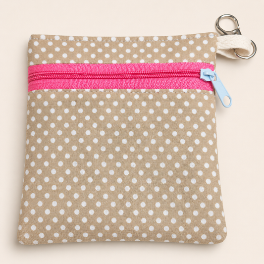 Handmade Flat Zipper Pouch – Tan White Polka Dot / Pink Zipper / Baby Blue Pull