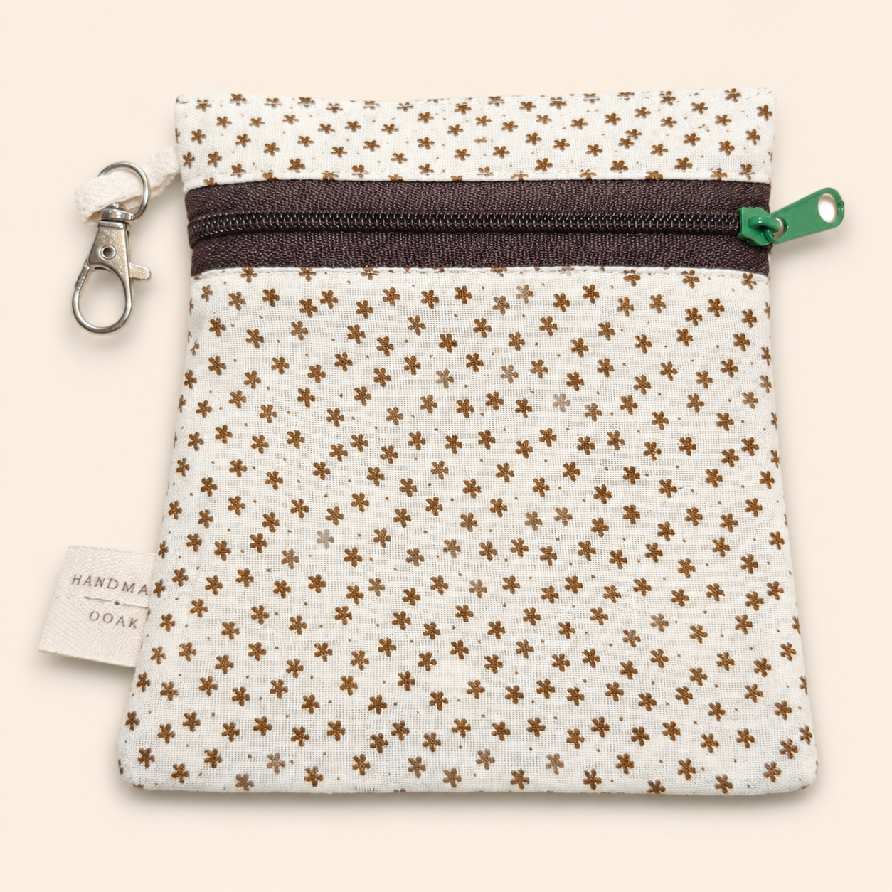 Handmade Flat Zipper Pouch – Light Brown Floral / Dark Brown Zipper / Green Pull