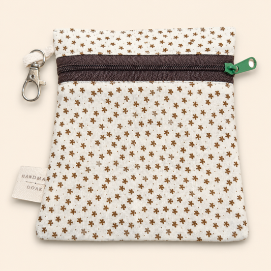 Handmade Flat Zipper Pouch – Light Brown Floral / Dark Brown Zipper / Green Pull