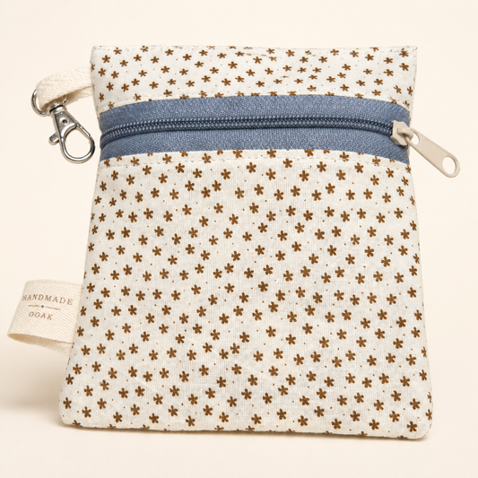 Handmade Flat Zipper Pouch – Brown Floral / Gray Zipper / Ecru Pull
