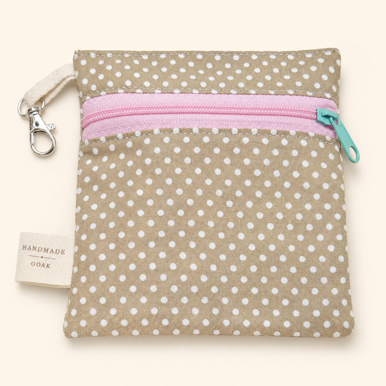 Handmade Flat Zipper Pouch – Brown White Dots / Pink Zipper / Mint Green Pull