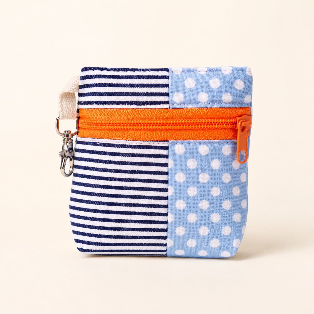 Handmade Standing Zipper Pouch – Navy Polka Dot & Blue Stripe / Pink Zipper