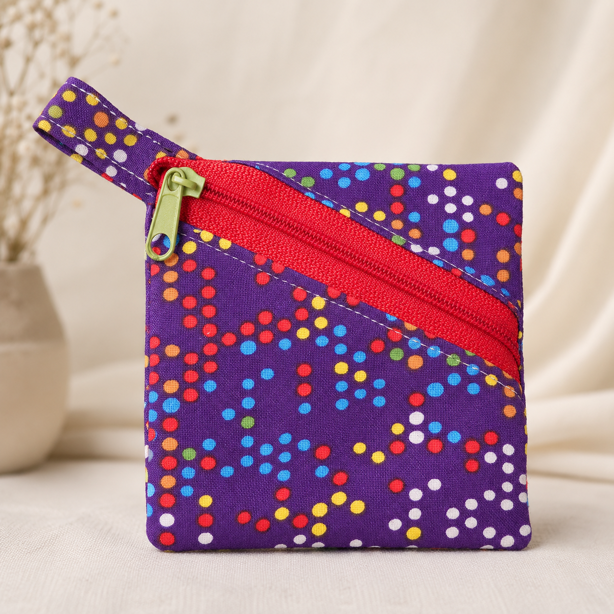 Handmade Diagonal Zip Pouch – Purple Rainbow Confetti Dot / Red Zipper / Green Pull