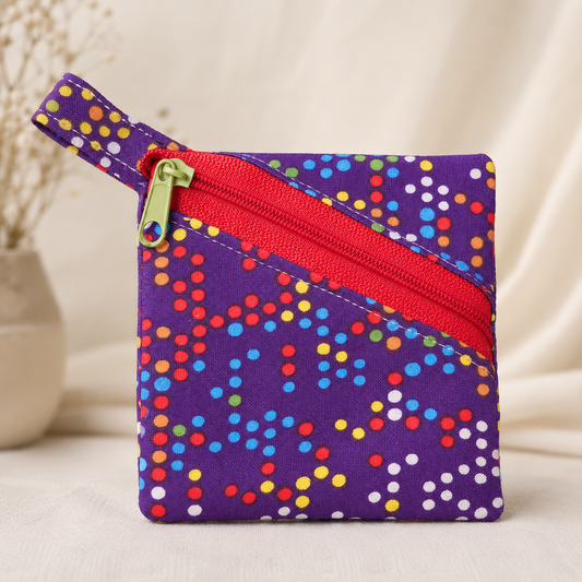 Handmade Diagonal Zip Pouch – Purple Rainbow Confetti Dot / Red Zipper / Green Pull