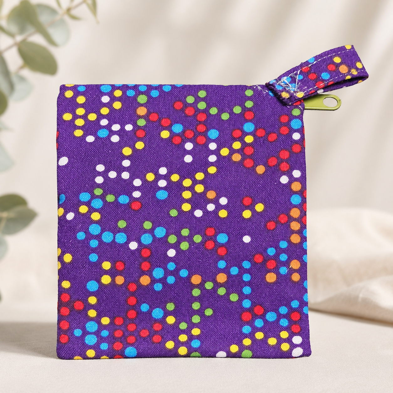 Handmade Diagonal Zip Pouch – Purple Rainbow Confetti Dot / Red Zipper / Green Pull