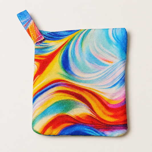 Handmade Diagonal Zip Pouch – Rainbow Swirl / Blue Zipper / Pink Pull