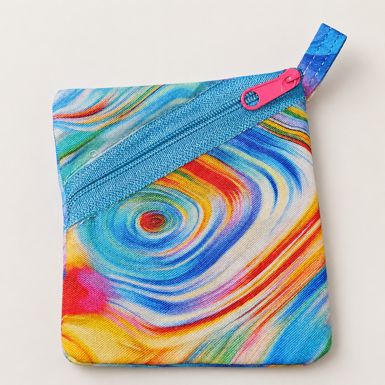 Handmade Diagonal Zip Pouch – Rainbow Swirl / Blue Zipper / Pink Pull
