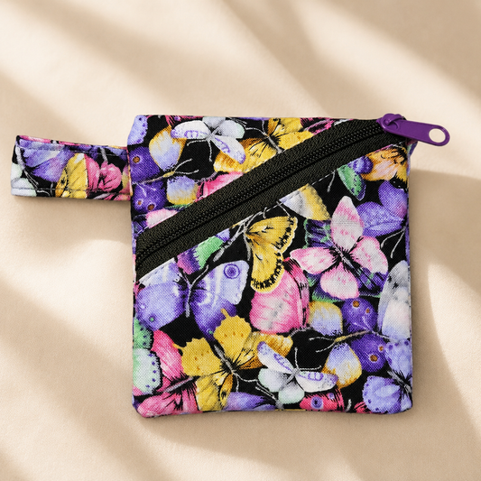 Handmade Diagonal Zip Pouch – Butterfly Garden / Black Zipper / Purple Pull