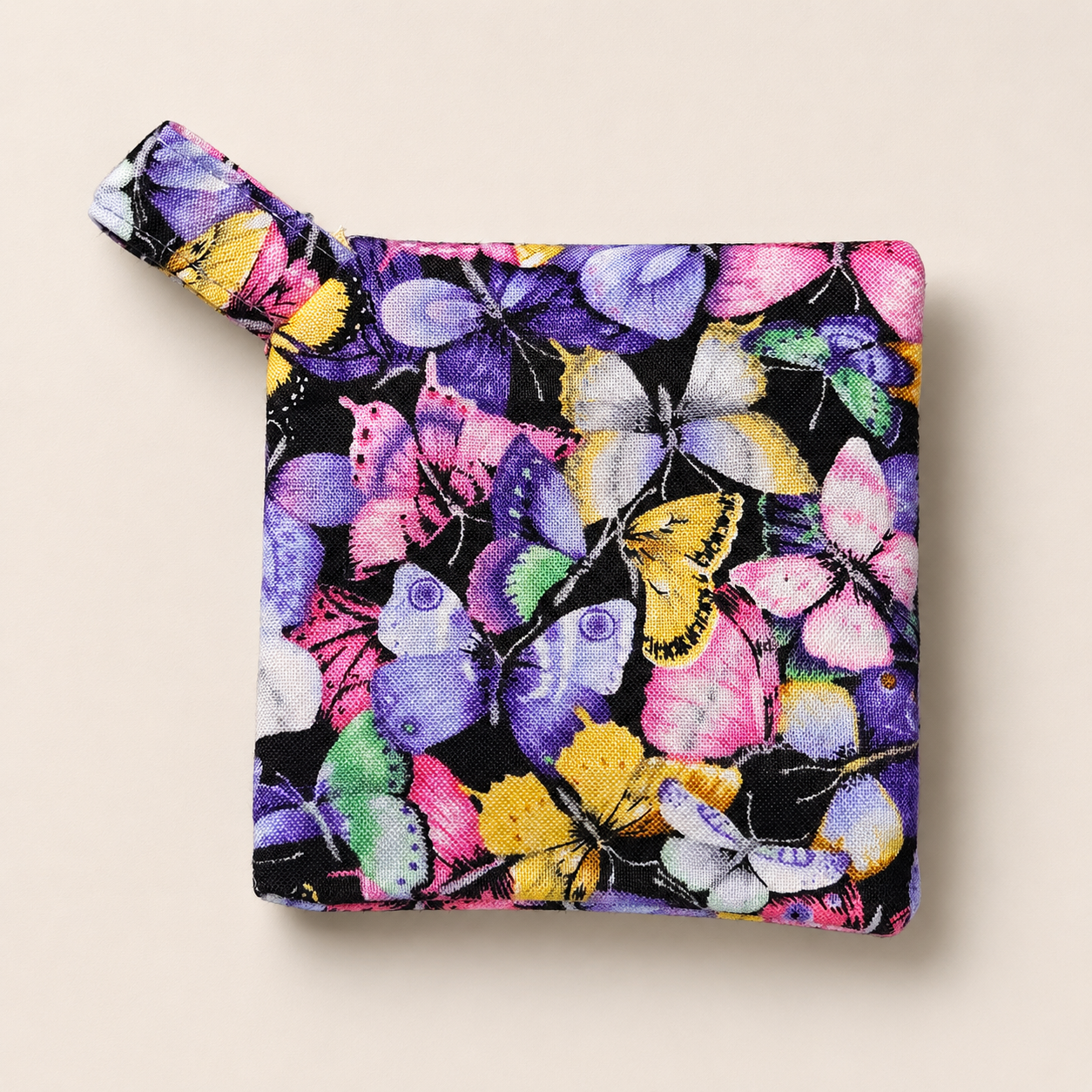 Handmade Diagonal Zip Pouch – Butterfly Garden / Black Zipper / Purple Pull