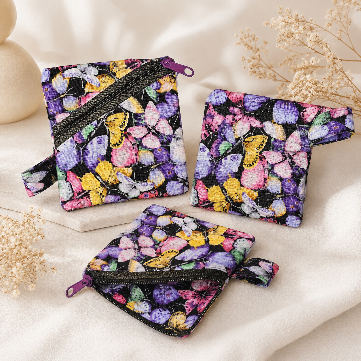 Handmade Diagonal Zip Pouch – Butterfly Garden / Black Zipper / Purple Pull