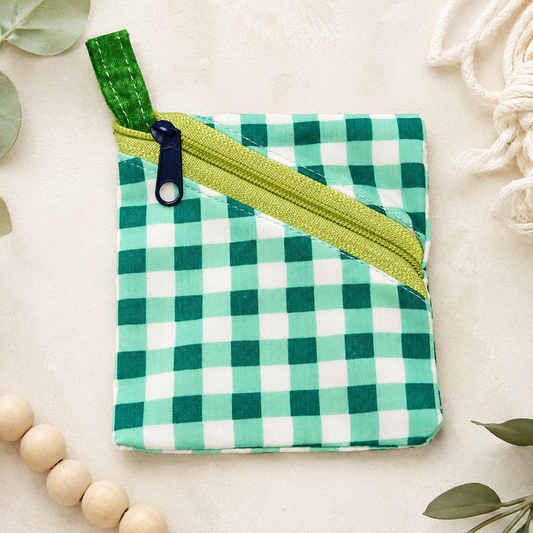 Handmade Diagonal Zip Pouch – Teal Gingham / Chartreuse Zipper / Navy Pull