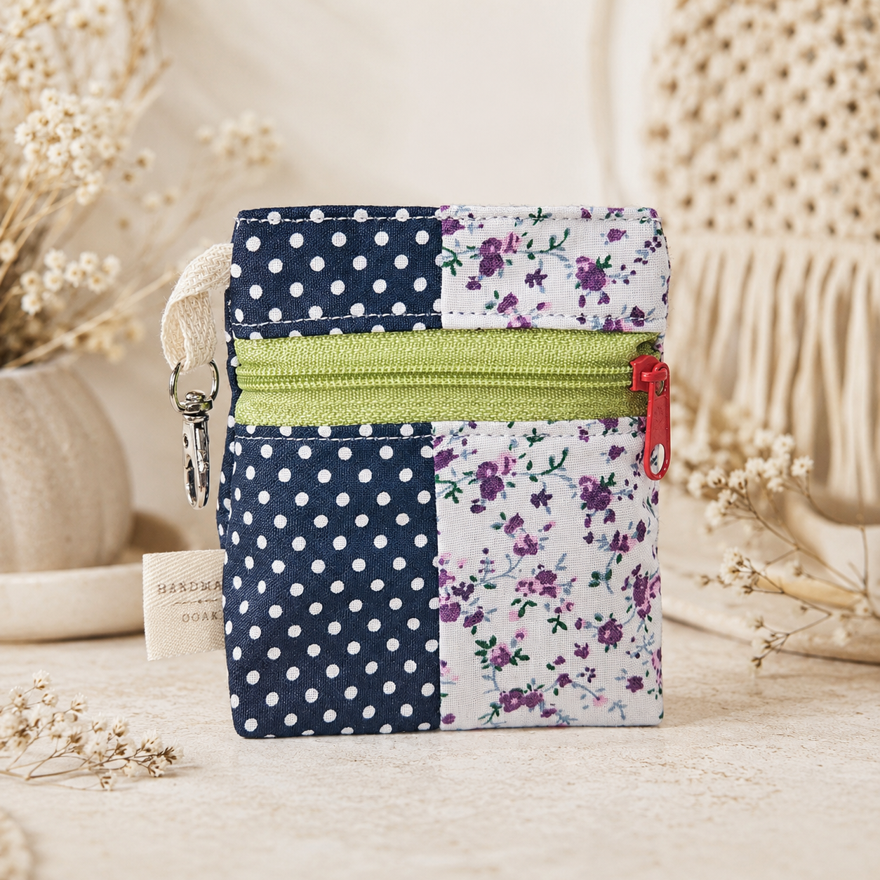 Navy Polka Dot & Purple Floral Patchwork Standing Zipper Pouch