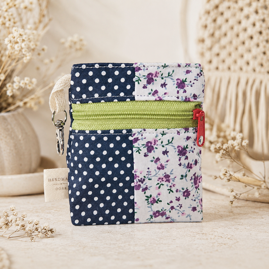Navy Polka Dot & Purple Floral Patchwork Standing Zipper Pouch