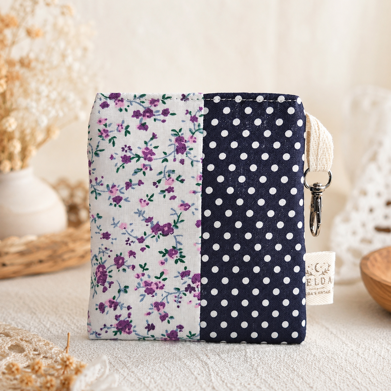 Navy Polka Dot & Purple Floral Patchwork Standing Zipper Pouch