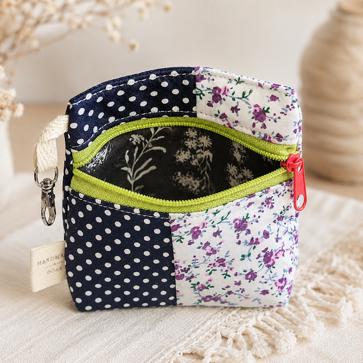 Navy Polka Dot & Purple Floral Patchwork Standing Zipper Pouch
