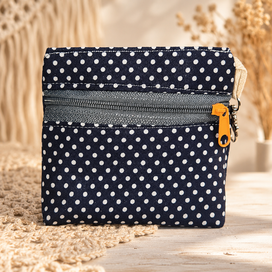 Navy Polka Dot Standing Zipper Pouch with Floral Lining