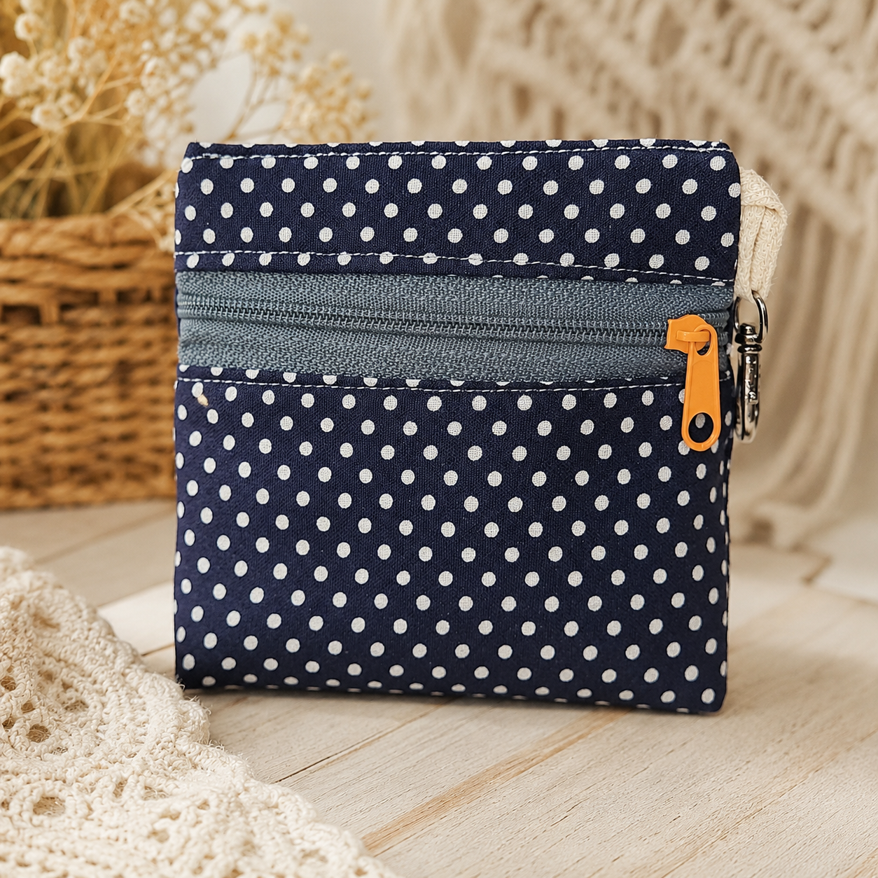 Navy Polka Dot Standing Zipper Pouch with Floral Lining